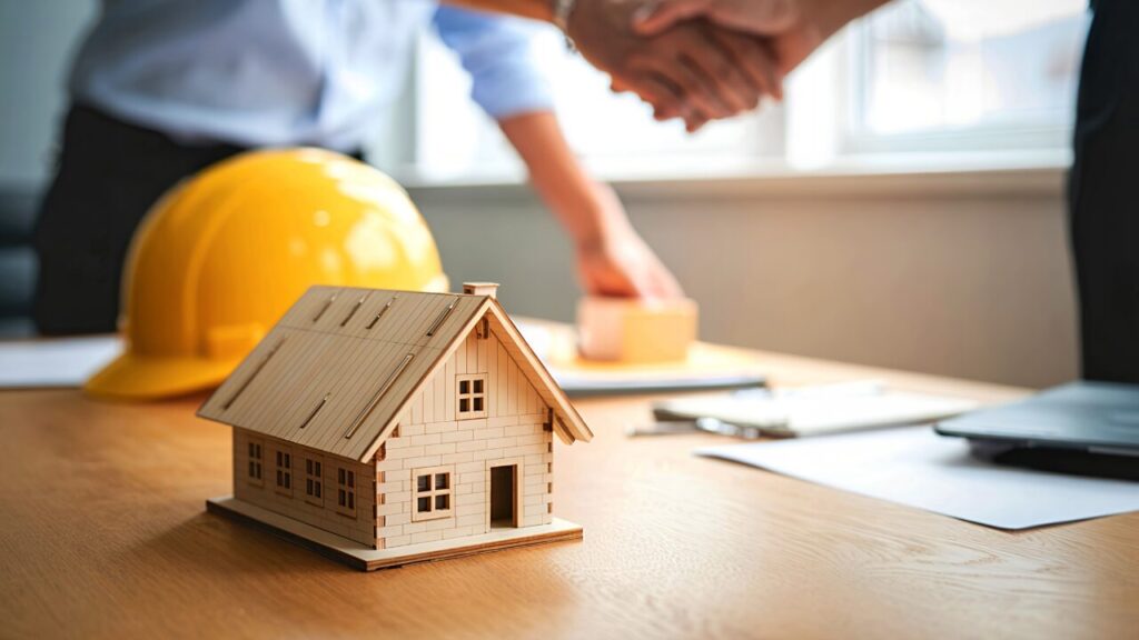 Handshake over a model home representing a property deal