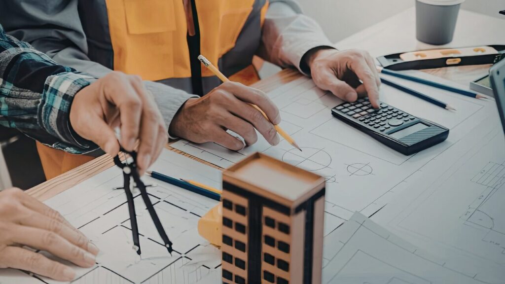 Two people reviewing architectural plans on a table